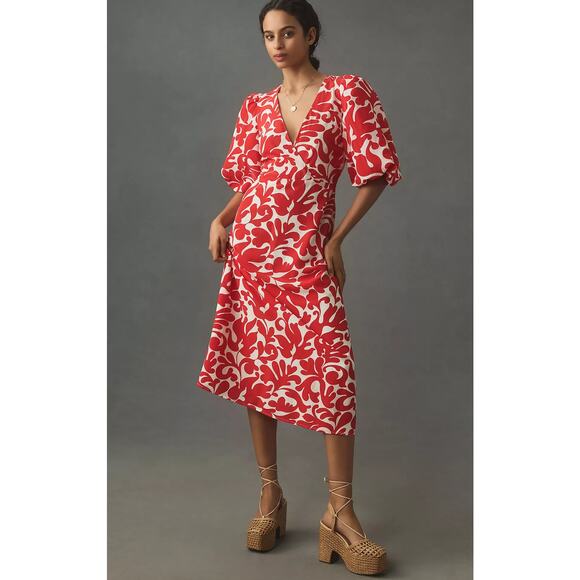 NWT RHODE Ina Red and White Print Midi Dress - Size 0 - Picture 1 of 5